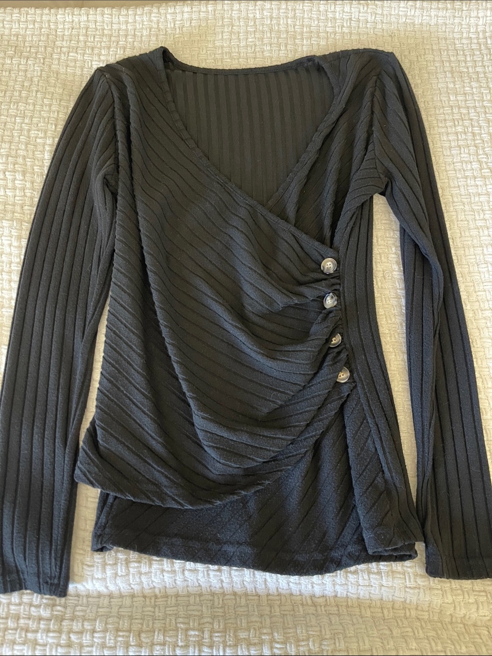 Ribbed Wrap-Front Long Sleeve Top — Gray